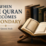 A minimalist illustration showing an open Quran on a wooden stand in the foreground with several blurred books behind it, symbolizing the Quran as the primary source of religious authority and all other works as secondary.