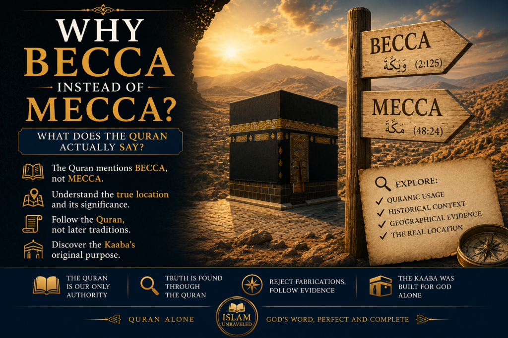 A dramatic illustration of the Kaaba set between two signposts labeled "Becca" and "Mecca," symbolizing the Quran's distinct use of the names and inviting readers to examine the Quranic evidence.
