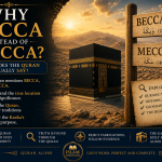 A dramatic illustration of the Kaaba set between two signposts labeled "Becca" and "Mecca," symbolizing the Quran's distinct use of the names and inviting readers to examine the Quranic evidence.