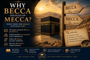 A dramatic illustration of the Kaaba set between two signposts labeled "Becca" and "Mecca," symbolizing the Quran's distinct use of the names and inviting readers to examine the Quranic evidence.