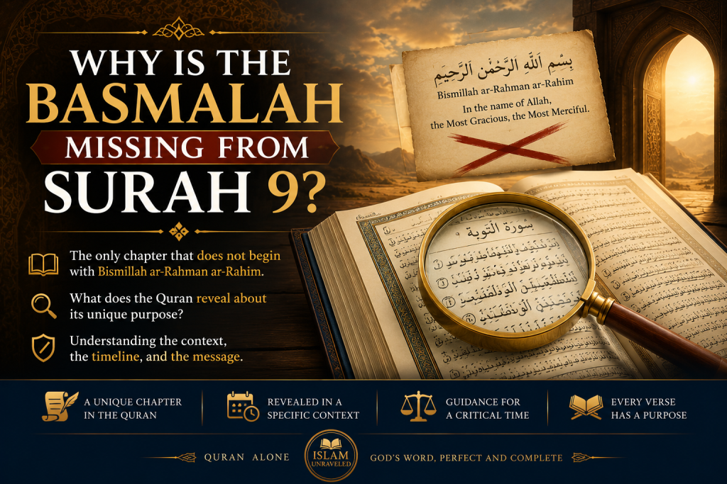 An open Quran displaying Surah 9 beneath a magnifying glass, with the Basmalah shown separately to illustrate its unique omission from the beginning of the chapter and invite examination of its Quranic significance.