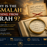 An open Quran displaying Surah 9 beneath a magnifying glass, with the Basmalah shown separately to illustrate its unique omission from the beginning of the chapter and invite examination of its Quranic significance.