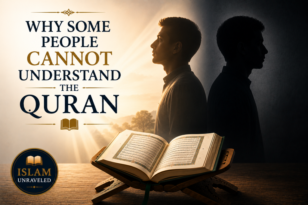 A minimalist illustration showing an open Quran on a wooden stand with two contrasting silhouettes—one facing light with an open window and the other in darkness with a closed door—symbolizing two different responses to God's revelation.