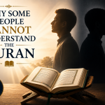 A minimalist illustration showing an open Quran on a wooden stand with two contrasting silhouettes—one facing light with an open window and the other in darkness with a closed door—symbolizing two different responses to God's revelation.