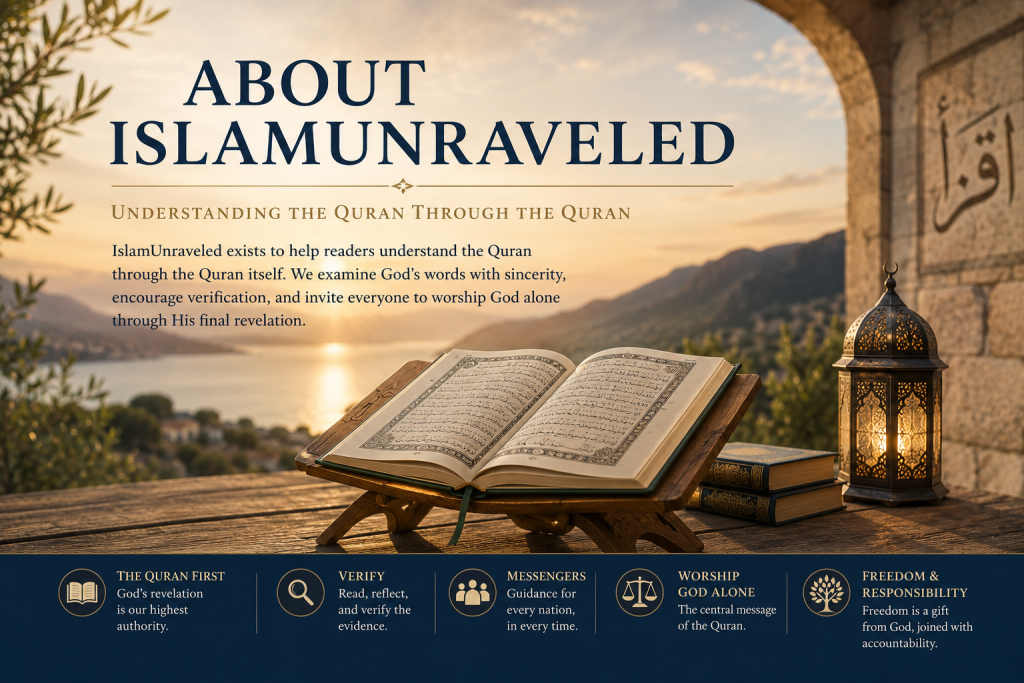 Featured image for the About IslamUnraveled page showing an open Quran at sunrise, symbolizing the website's mission to understand the Quran through the Quran itself and encourage sincere study, reflection, verification, and worship of God alone.