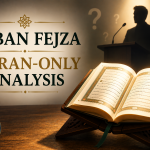 A symbolic illustration showing an open Quran on a wooden stand illuminated by warm light, while the shadowed silhouette of a speaker stands behind a podium surrounded by faint question marks. The composition represents examining Alban Fejza's claims solely through the Quran.
