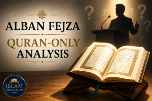 A symbolic illustration showing an open Quran on a wooden stand illuminated by warm light, while the shadowed silhouette of a speaker stands behind a podium surrounded by faint question marks. The composition represents examining Alban Fejza's claims solely through the Quran.