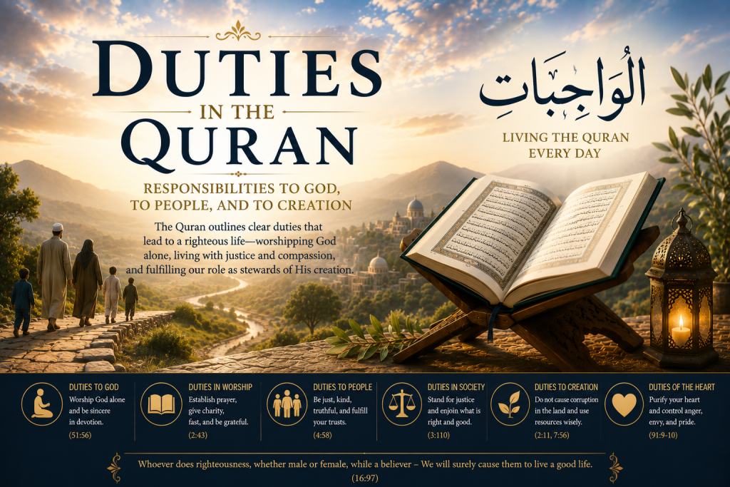 Featured image for the "Duties in the Quran" study page showing an open Quran overlooking a peaceful landscape with a family walking together, illustrating the Quran's guidance on responsibilities toward God, people, and creation.