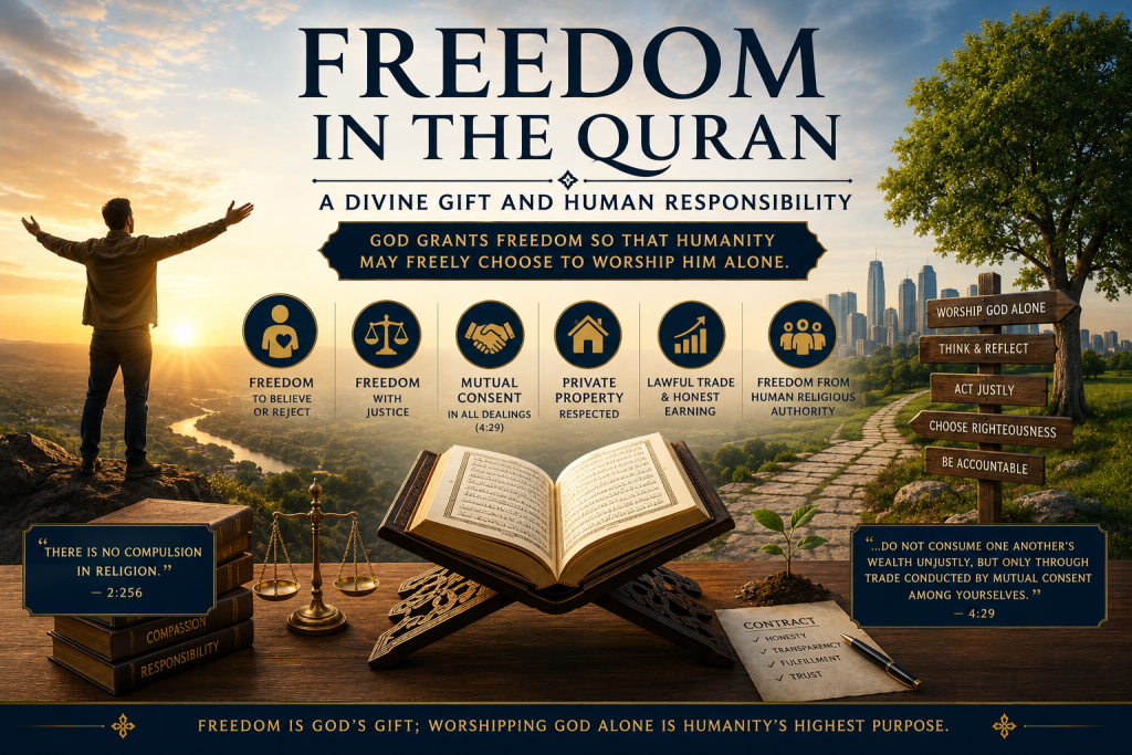 Featured image for the "Freedom in the Quran" study page showing an open Quran, a person overlooking a sunrise, and symbols of justice, mutual consent, private property, and honest trade, illustrating the Quran's teaching that freedom is a divine gift exercised with responsibility before God.