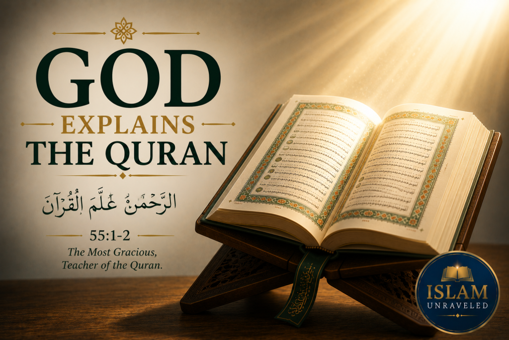 A symbolic illustration of an open Quran on a wooden stand illuminated by radiant golden light from above, with the title "God Explains the Quran" and the Arabic text ٱلرَّحْمَٰنُ عَلَّمَ ٱلْقُرْءَانَ (The Most Gracious taught the Quran), emphasizing that God Himself is the Teacher and Explainer of His revelation.