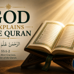 A symbolic illustration of an open Quran on a wooden stand illuminated by radiant golden light from above, with the title "God Explains the Quran" and the Arabic text ٱلرَّحْمَٰنُ عَلَّمَ ٱلْقُرْءَانَ (The Most Gracious taught the Quran), emphasizing that God Himself is the Teacher and Explainer of His revelation.
