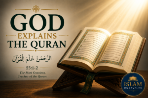 A symbolic illustration of an open Quran on a wooden stand illuminated by radiant golden light from above, with the title "God Explains the Quran" and the Arabic text ٱلرَّحْمَٰنُ عَلَّمَ ٱلْقُرْءَانَ (The Most Gracious taught the Quran), emphasizing that God Himself is the Teacher and Explainer of His revelation.