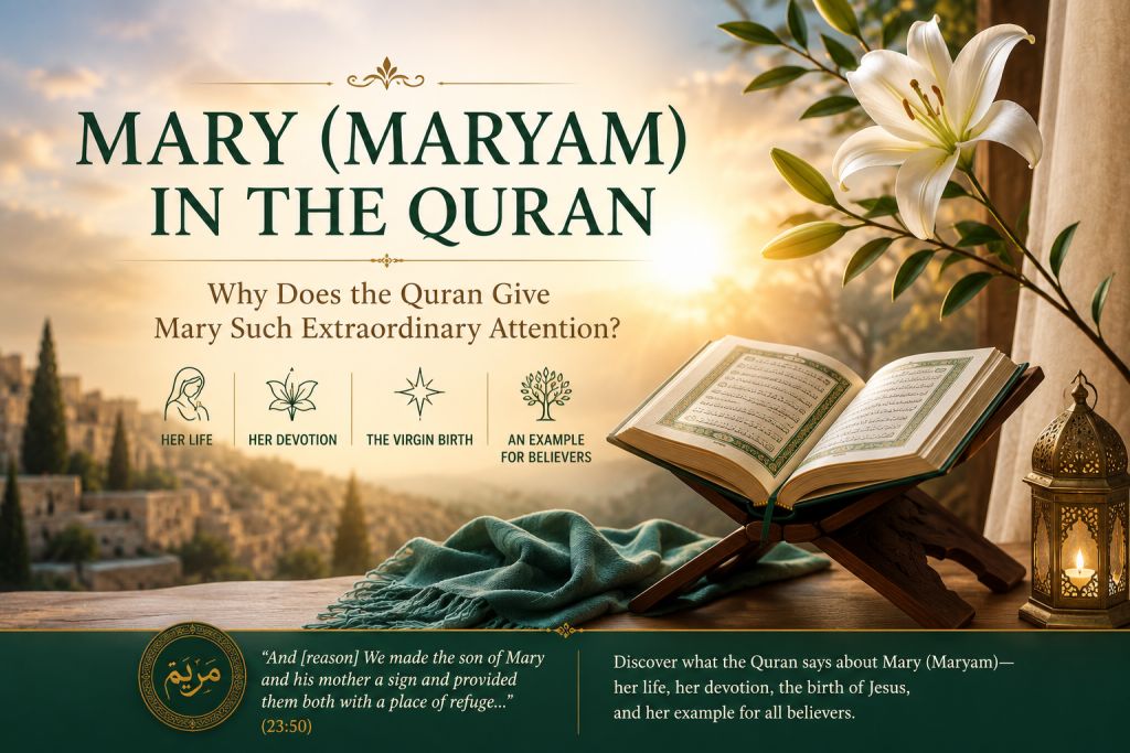 Featured image for the Mary (Maryam) in the Quran study page showing an open Quran with the title "Mary (Maryam) in the Quran – A Quranic Perspective" highlighting her life, devotion, the virgin birth of Jesus, and her example for believers.
