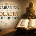 A symbolic illustration of an open Quran on a wooden stand illuminated by warm rays of light, with a shattered stone idol in the background, representing the Quran's broader understanding of idolatry beyond physical statues.