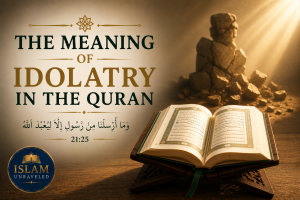 A symbolic illustration of an open Quran on a wooden stand illuminated by warm rays of light, with a shattered stone idol in the background, representing the Quran's broader understanding of idolatry beyond physical statues.