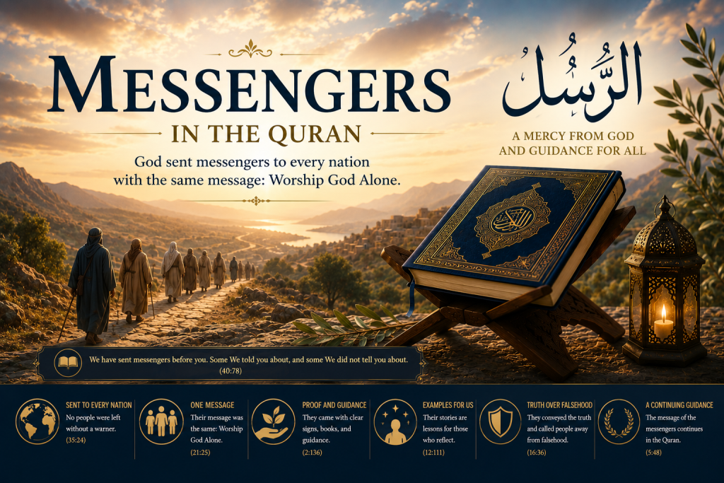 Featured image for the "Messengers in the Quran" study page showing an open Quran overlooking a sunrise landscape with travelers on a path, illustrating God's messengers bringing the same message of worshipping God alone to every nation.