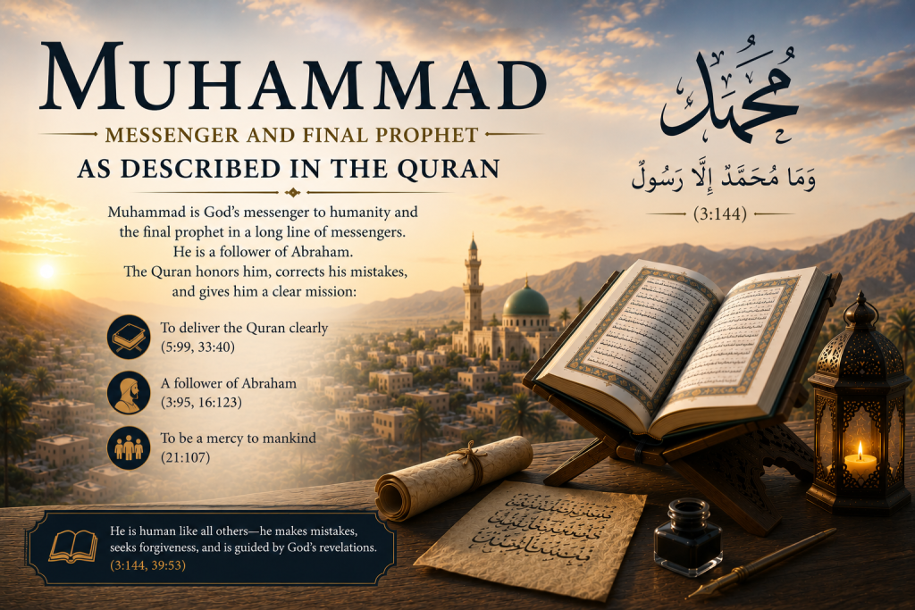 Featured image for the "Muhammad in the Quran" study page showing an open Quran overlooking a peaceful Arabian landscape, illustrating Muhammad's role as God's messenger, the final prophet, and the recipient of the Quran.