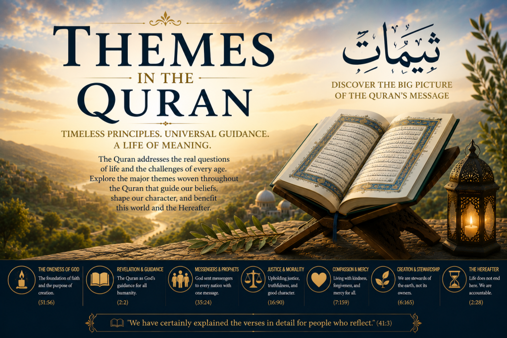 Featured image for the "Themes in the Quran" study page showing an open Quran overlooking a peaceful landscape, illustrating the major themes of the Quran including God's oneness, revelation, justice, compassion, stewardship, and the Hereafter.