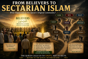 Featured image for the "From Believers to Sectarian Islam" study showing the gradual corruption of pure monotheism into sectarian religion, illustrating the Quran's warning against religious authority, inherited traditions, and association (shirk).