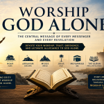 Featured image for the "Worship God Alone" study page showing an open Quran with a worshipper facing a sunrise, symbolizing the Quran's central message that every messenger called humanity to worship God alone.