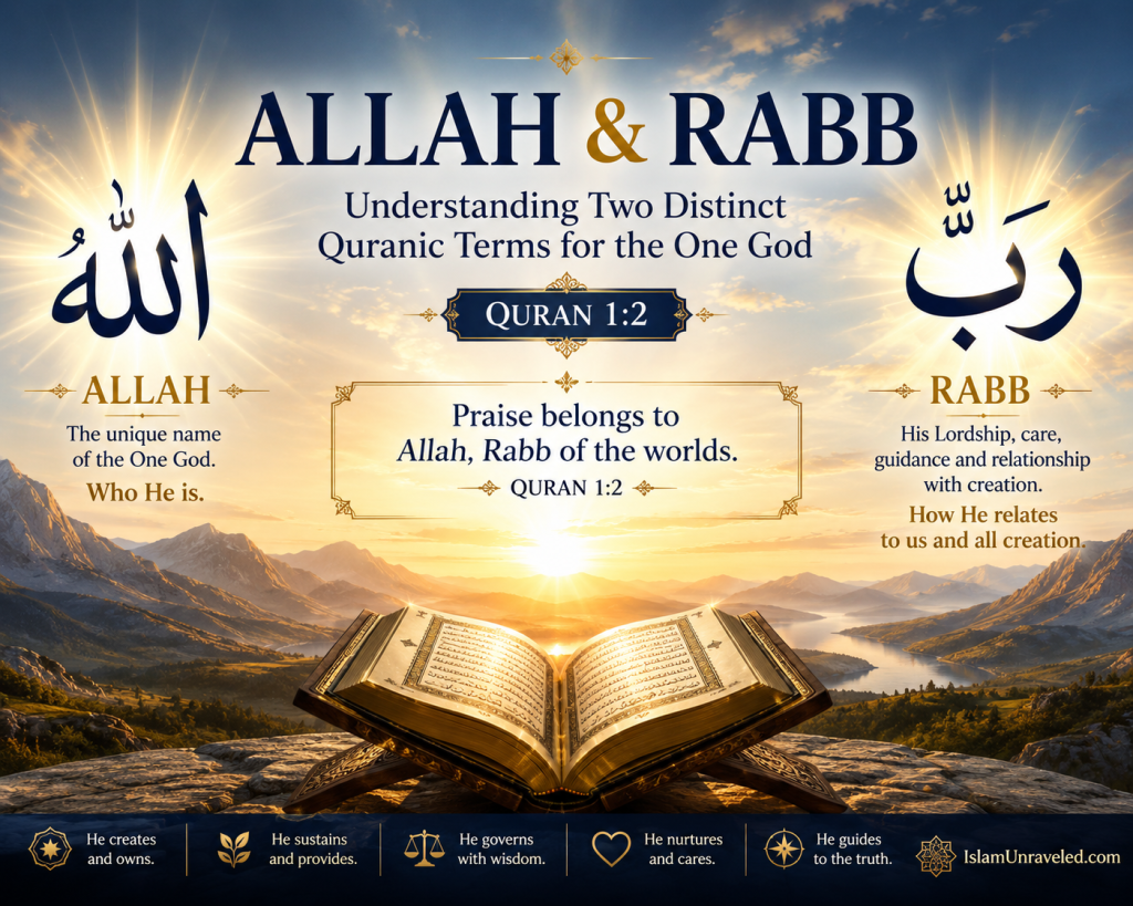 Open Quran beneath a sunrise with the words "Allah and Rabb," illustrating the Quranic distinction between God's unique name and His lordship over creation.