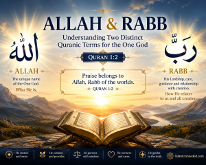Open Quran beneath a sunrise with the words "Allah and Rabb," illustrating the Quranic distinction between God's unique name and His lordship over creation.