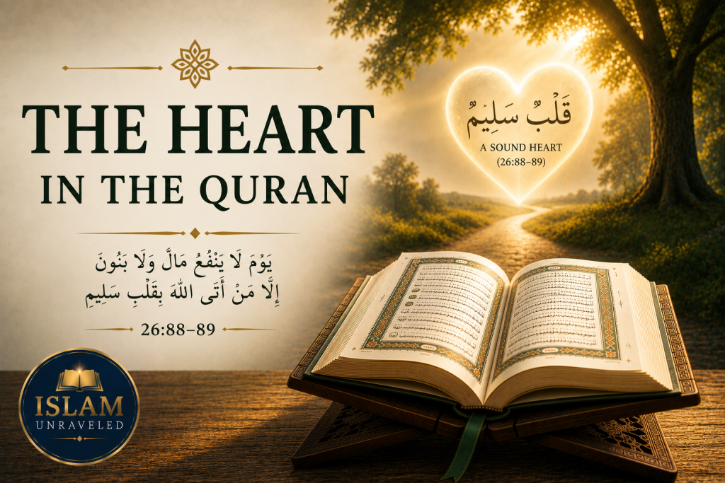 An open Quran on a traditional wooden stand illuminated by golden light beside a peaceful path leading toward a glowing heart inscribed with the Arabic words قلب سليم (A Sound Heart), symbolizing the Quran's teaching that a purified heart is the source of faith, worship, and righteous character.
