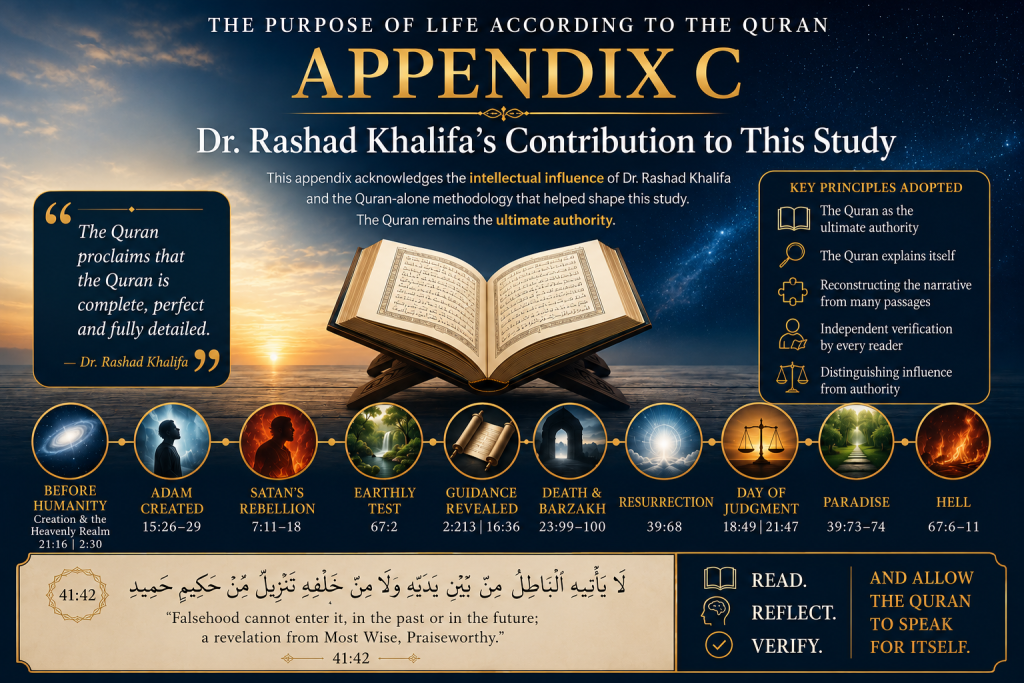 An open Quran beneath a star-filled sky with a timeline illustrating humanity's journey from creation to eternity, highlighting Dr. Rashad Khalifa's methodological contribution while emphasizing the Quran as the ultimate authority.