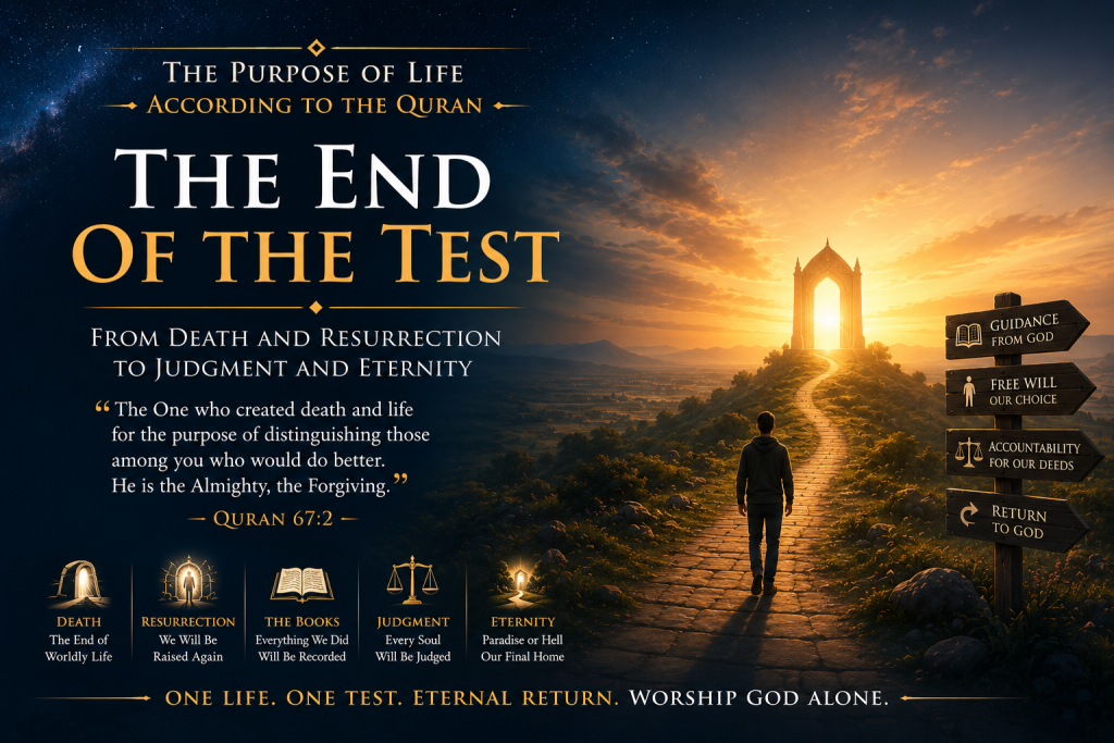 A person standing on a path beneath a star-filled sky and sunrise, symbolizing guidance, free will, accountability, judgment, and humanity’s return to God.