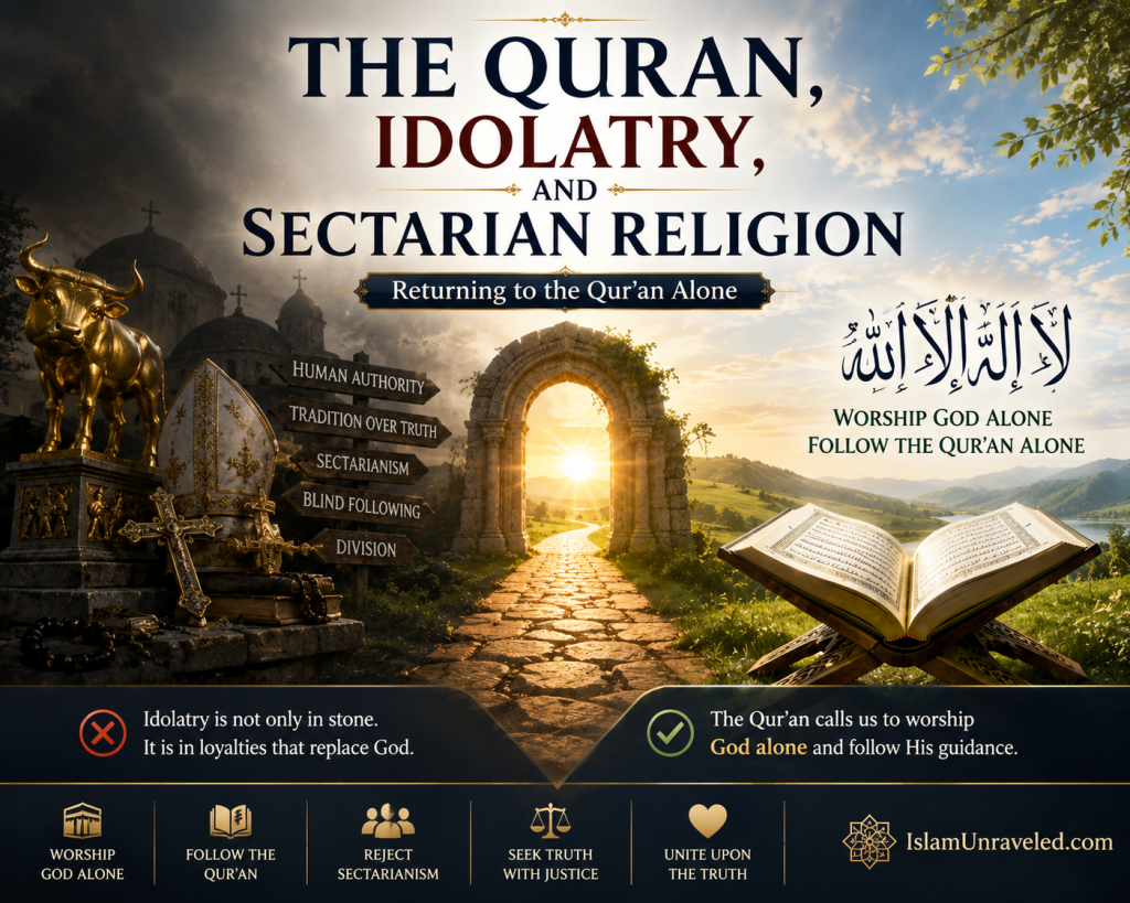 Illustration contrasting sectarian religion and human authority with the Quran's call to worship God alone, featuring an open Quran, a path leading into light, and symbols of religious division.