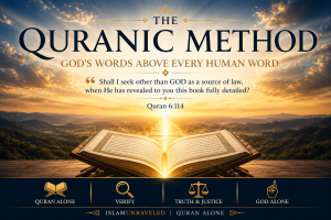 An open Quran illuminated by golden light at sunrise, symbolizing the Quranic method of deriving religious guidance directly from God's words above all human words.