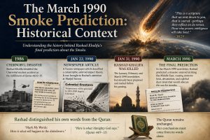 Timeline showing the historical context of Rashad Khalifa’s March 1990 Smoke newsletter prediction, from Chernobyl in 1986 to the asteroid prediction in 1990.