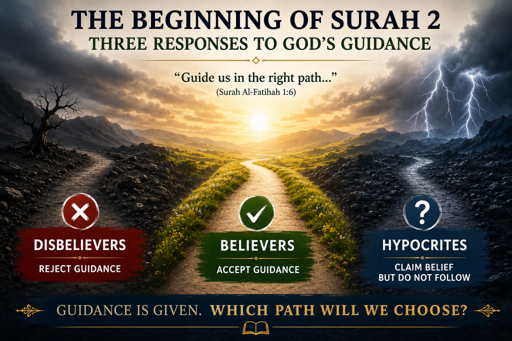 Three paths representing believers, disbelievers and hypocrites and their responses to God's guidance in Surah 2.