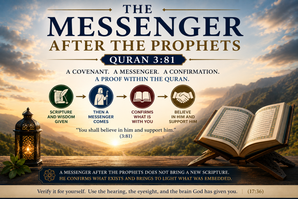 Quran 3:81 illustrating the covenant with the prophets: scripture and wisdom are given, then a messenger comes to confirm what already exists.