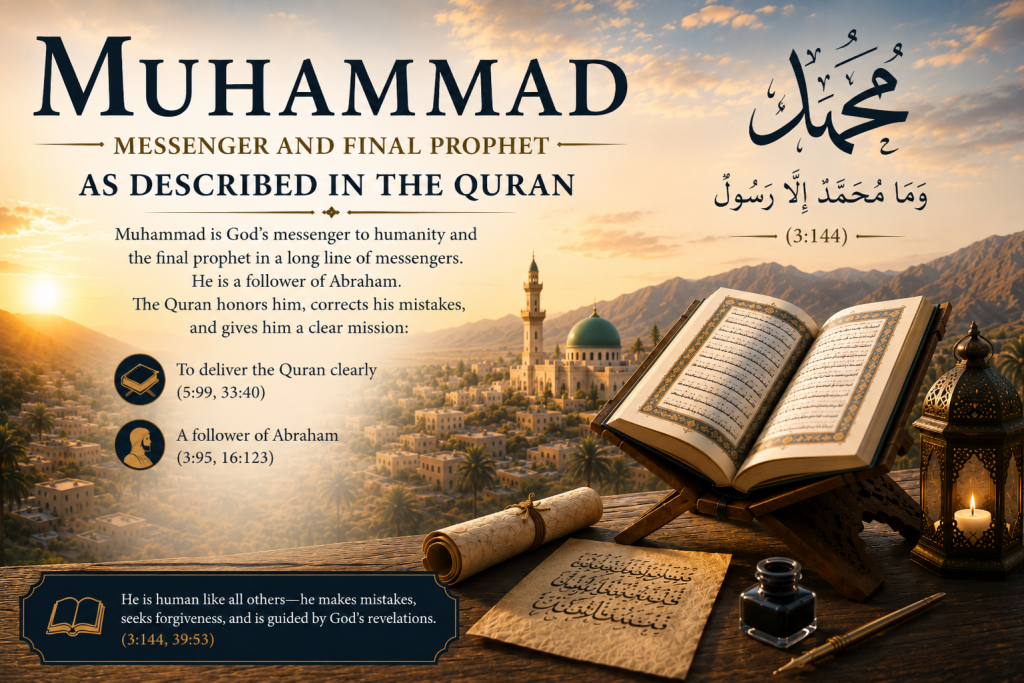 Muhammad as described in the Quran—God's messenger, the final prophet, a follower of Abraham, and a human being guided by God's revelation.