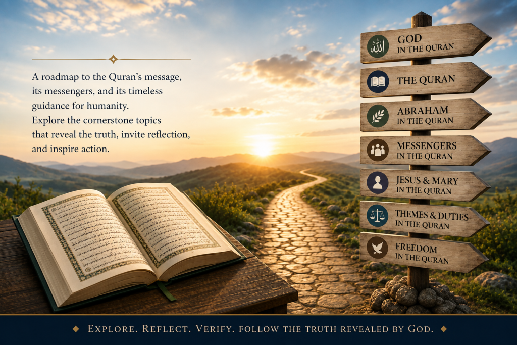 Open Quran beside a pathway and signpost pointing to major Quranic study topics including God, the Quran, Abraham, messengers, Jesus and Mary, themes and duties, and freedom.