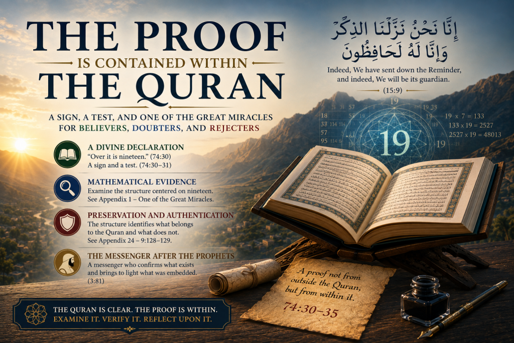 The Quran and the number nineteen, representing the Quranic declaration in 74:30–35 and the mathematical structure presented as evidence contained within the Quran.