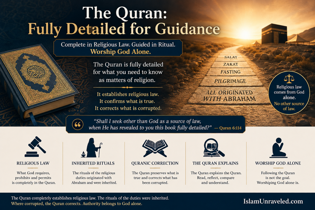 The Quran as the complete source of religious law, with Salat, Zakat, fasting and pilgrimage shown as inherited religious duties originating with Abraham and subject to Quranic correction.