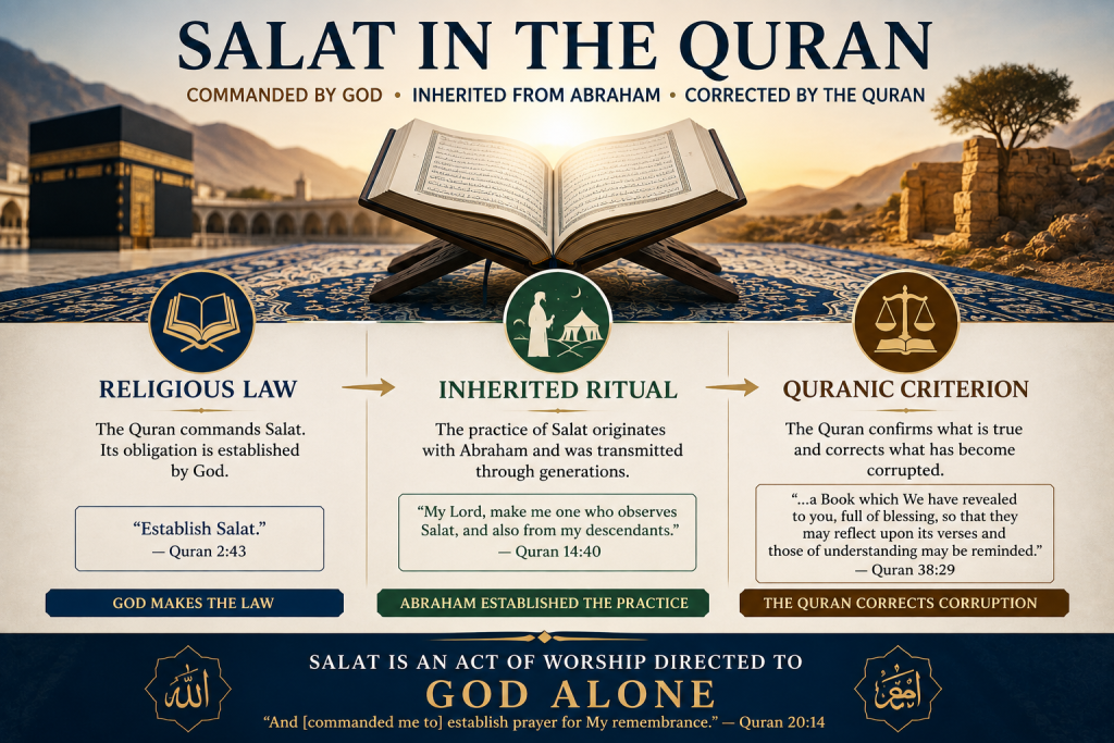Salat in the Quran showing the distinction between Quranic religious law, the ritual inherited from Abraham, and the Quran's correction of corrupted practice.