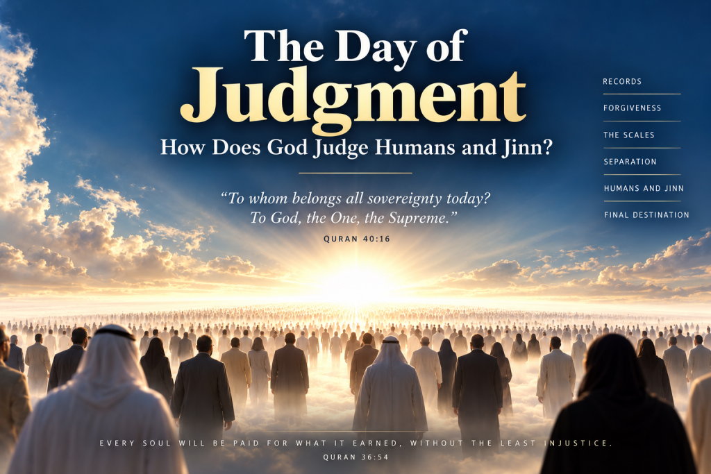 Illustration representing the Day of Judgment when humans and jinn are judged by God with perfect justice.
