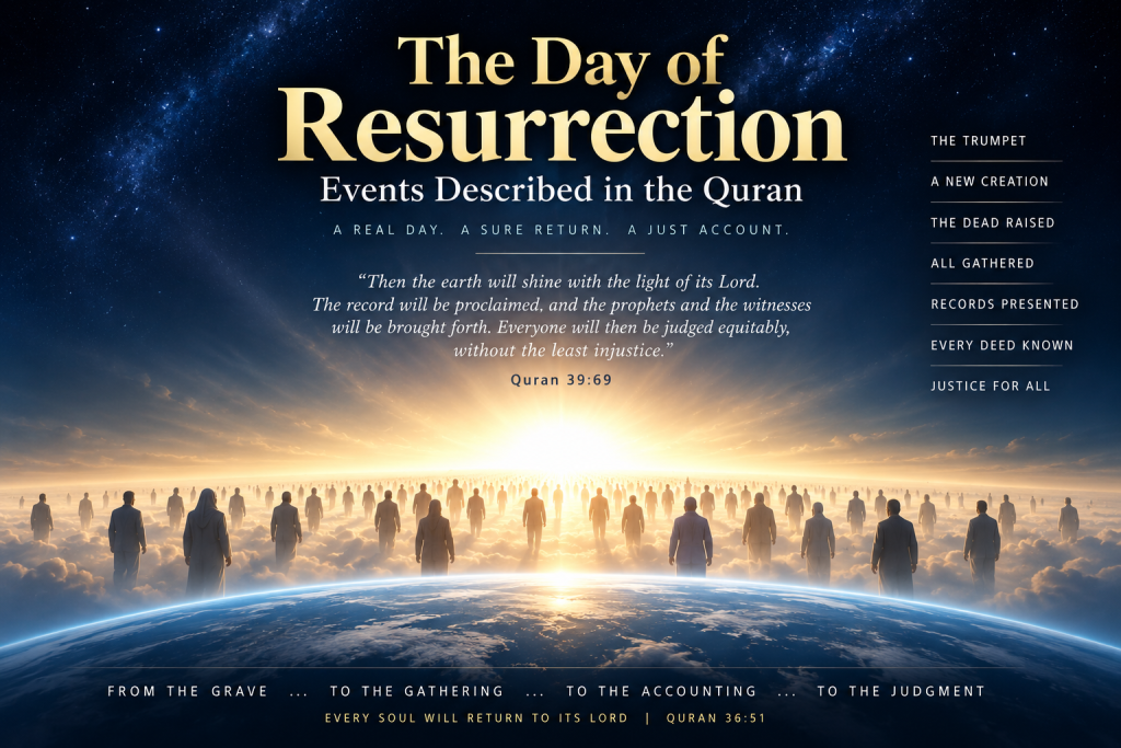 Illustration representing the Day of Resurrection and humanity's return to God, based on events described in the Quran.