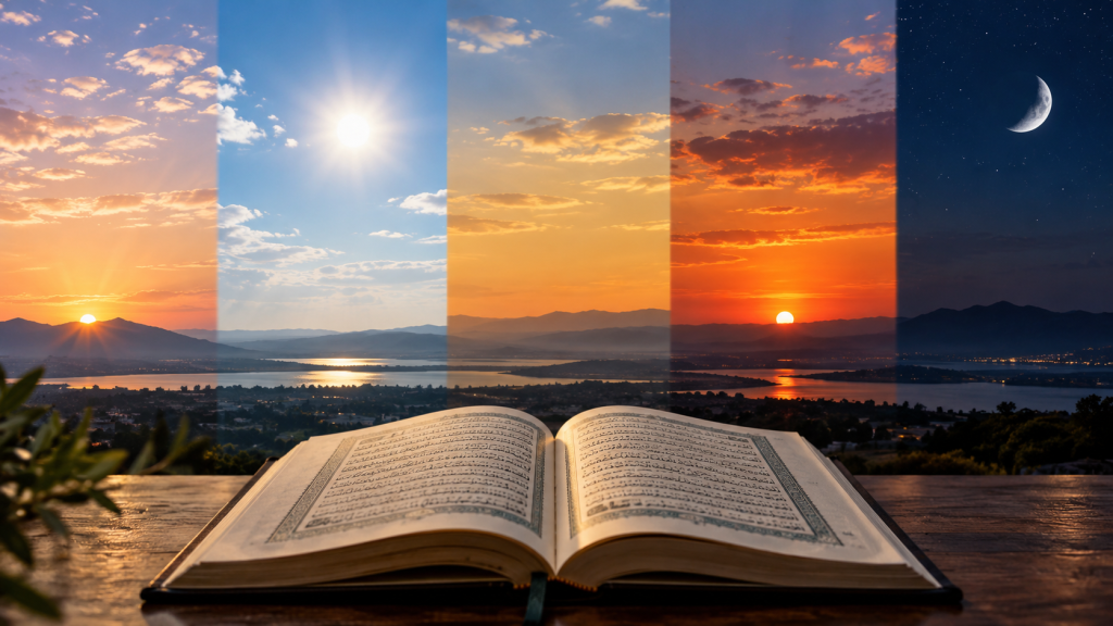 Five daily Salat time periods from dawn to night with an open Quran