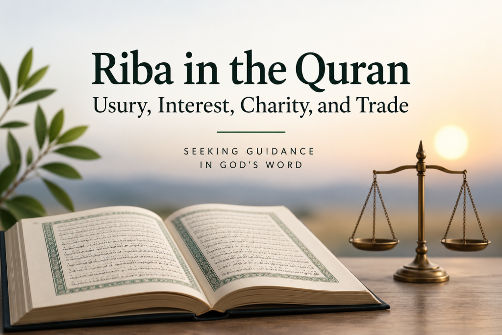 Open Quran beside balanced scales representing the Quranic principles of riba, trade, charity, and financial justice.
