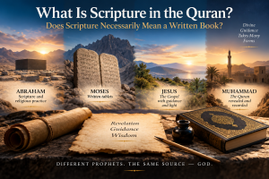 Illustration comparing scripture associated with Abraham, Moses, Jesus and Muhammad in the Quran, including Moses’ written tablets and the Quran.